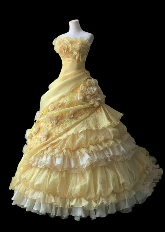 NiceVestidos--Yellow Floral Retro Heavy Handmade Flower Tube Top Pleated Multi-Layer Long Birthday Dress Wedding Dress Prom Dress NV5794