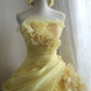 NiceVestidos--Yellow Floral Retro Heavy Handmade Flower Tube Top Pleated Multi-Layer Long Birthday Dress Wedding Dress Prom Dress NV5794