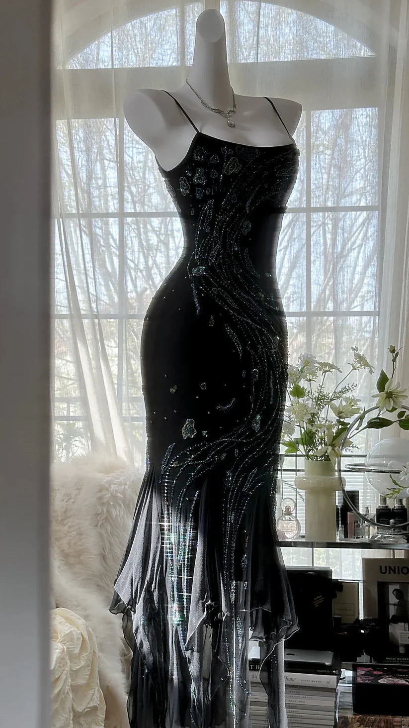 Black gorgeous retro elegant exquisite beaded chiffon spaghetti strap prom dress nv5409