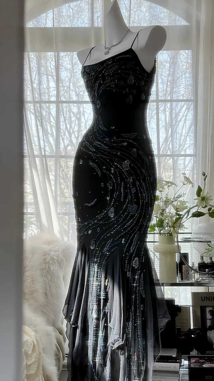 Black gorgeous retro elegant exquisite beaded chiffon spaghetti strap prom dress nv5409