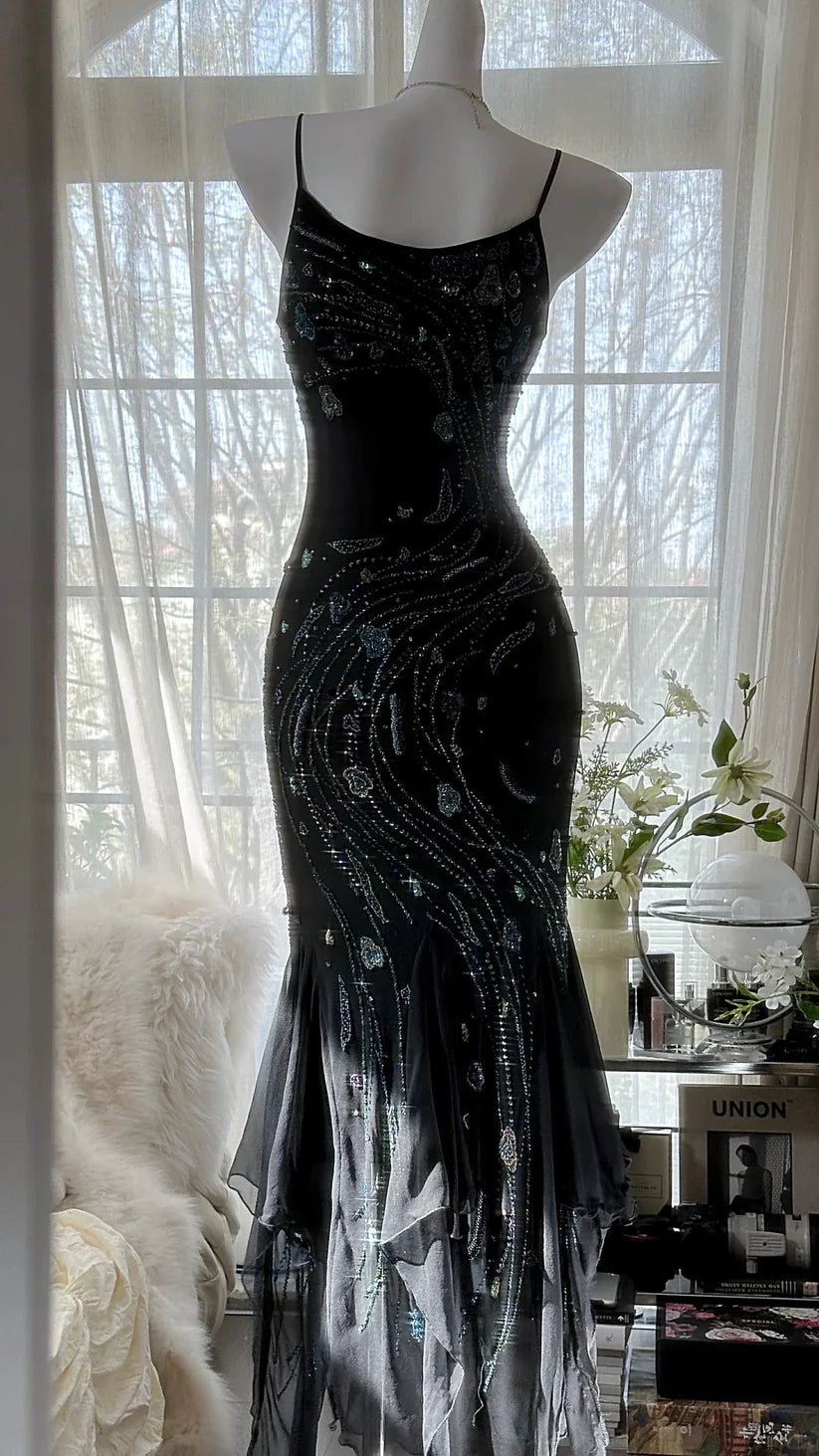 Black gorgeous retro elegant exquisite beaded chiffon spaghetti strap prom dress nv5409