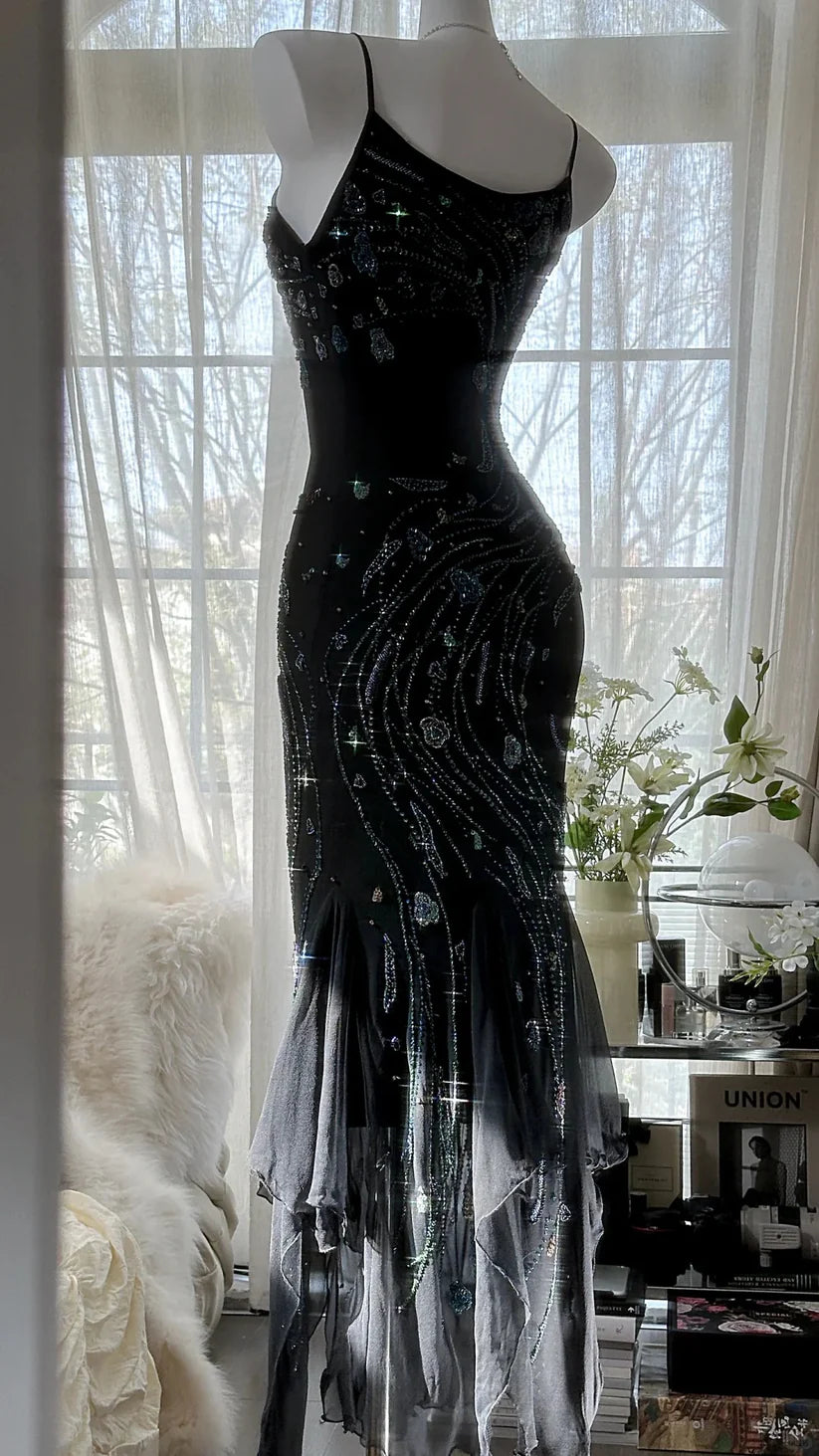 Black gorgeous retro elegant exquisite beaded chiffon spaghetti strap prom dress nv5409