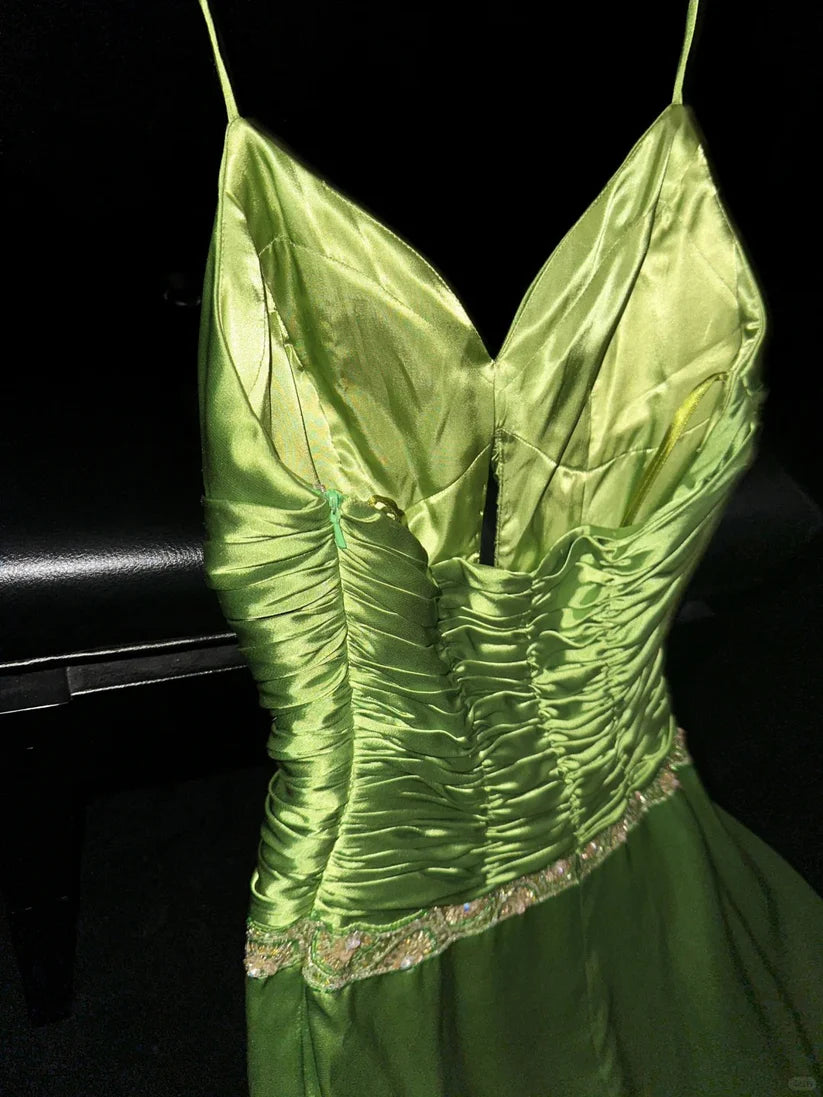 Green stylish and elegant spaghetti strap satin long ball gown nv5396