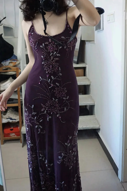 NiceVestidos--Prom Highlight Style Dark Purple Beaded Embroidery Spaghetti Strap Extra-Long Prom Dress NV5799