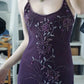 NiceVestidos--Prom Highlight Style Dark Purple Beaded Embroidery Spaghetti Strap Extra-Long Prom Dress NV5799
