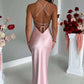 Halter Neck Pink Prom Dresses Sheath Satin Evening Dress nv1634