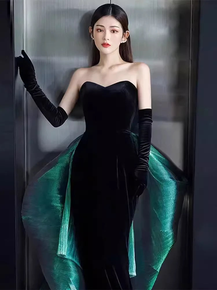 Black Sexy Elegant Off Shoulder Mermaid Long Velvet Ball Gown with Sleeves Evening Dress Party Dress nv2326