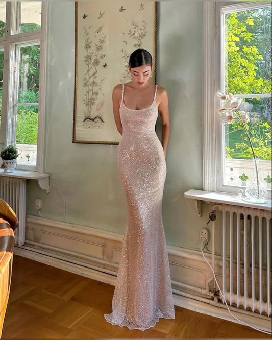 Simple Mermaid Strap Sequined Ball Gown Evening Dress Prom Dress nv1762