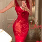 Charming Red Mermaid Halter Sequin Open Back Prom Dress Evening Dress nv5394