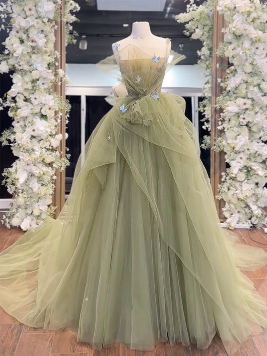 A-Line Green Tulle Long Prom Dress, Green Long Graduation Dress nv1470