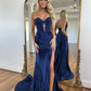 Off the shoulders Sweetheart Neck Satin Lace Blue Long Prom Dress, Blue Long Evening Dress nv1494