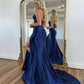 Off the shoulders Sweetheart Neck Satin Lace Blue Long Prom Dress, Blue Long Evening Dress nv1494