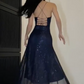 Navy Blue Fashion Elegant Low Cut V Neck Sequined Long Tulle Slit Evening Dress Prom Party Dress nv2609