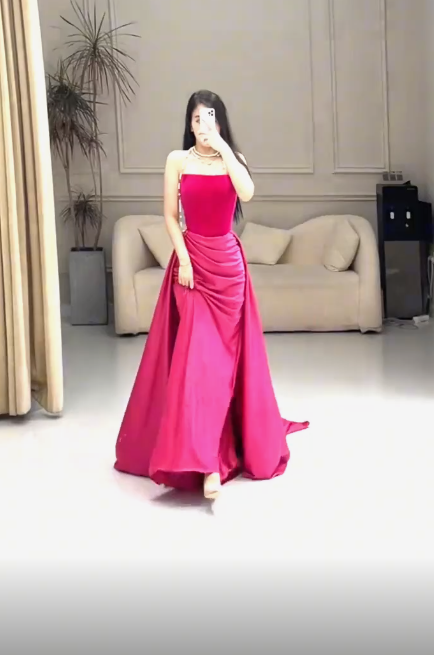 Pink simple fashion elegant tube top off shoulder long velvet satin stitching pleated long evening dress prom dress party dress nv2610