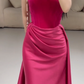 Pink simple fashion elegant tube top off shoulder long velvet satin stitching pleated long evening dress prom dress party dress nv2610