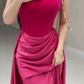 Pink simple fashion elegant tube top off shoulder long velvet satin stitching pleated long evening dress prom dress party dress nv2610