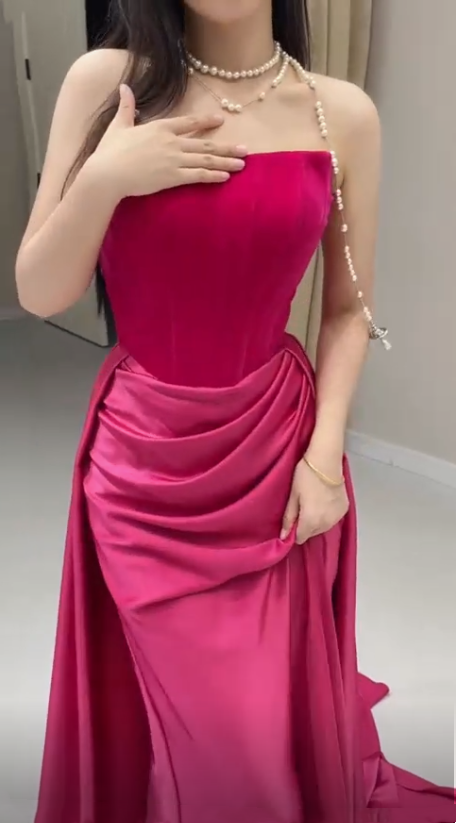 Pink simple fashion elegant tube top off shoulder long velvet satin stitching pleated long evening dress prom dress party dress nv2610