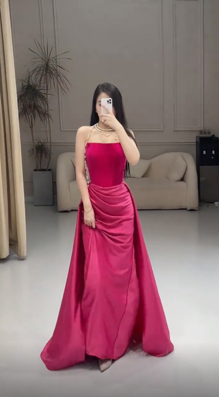 Pink simple fashion elegant tube top off shoulder long velvet satin stitching pleated long evening dress prom dress party dress nv2610