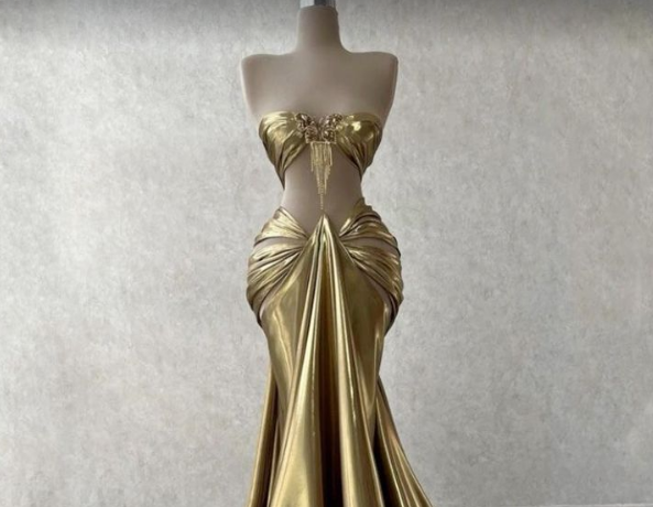 Gold Gorgeous Elegant Off-the-shoulder Rhinestone Tassel Two-piece Suit Long Ball Gown Evening Dress nv2642