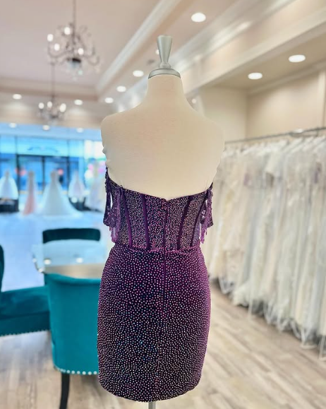Purple shiny fashion off-shoulder short sequin homecoming dress prom evening dress party dress nv1245