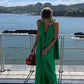 Pink/green V-neck low-cut long satin elegant ball gown, evening dress, wedding guest dress nv2976