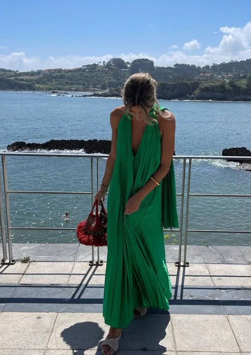 Pink/green V-neck low-cut long satin elegant ball gown, evening dress, wedding guest dress nv2976