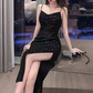 Black shiny elegant princess sequins spaghetti straps long ball gown evening dress party dress nv101