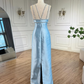 Blue Elegant Exquisite Gem Rhinestone Beading Long satin Train/Straight Satin Ball Gown Evening Dress nv3801