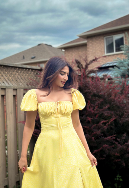 Yellow Elegant Long Puff Sleeve Slit Prom Dress Birthday Dress Evening Dress Wedding Guest Dress nv1710