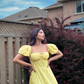 Yellow Elegant Long Puff Sleeve Slit Prom Dress Birthday Dress Evening Dress Wedding Guest Dress nv1710