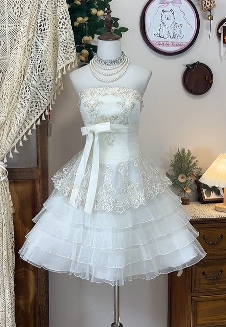 White Fashion Floral Applique Beading Short Chiffon Homecoming Dress Birthday Dress Banquet Dress Party Dress nv4559