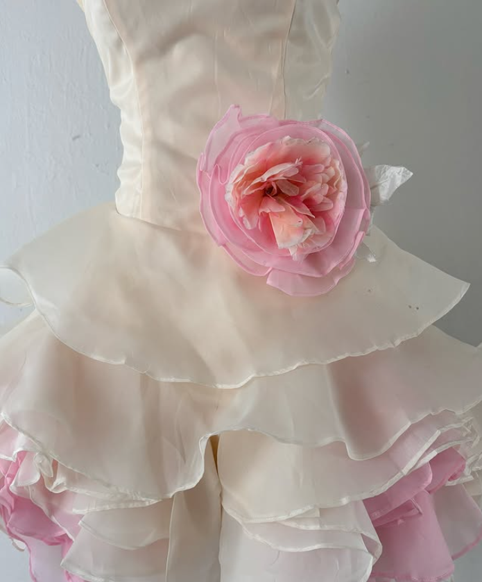 White pink floral elegant short chiffon party dress evening gown ball gown nv4597