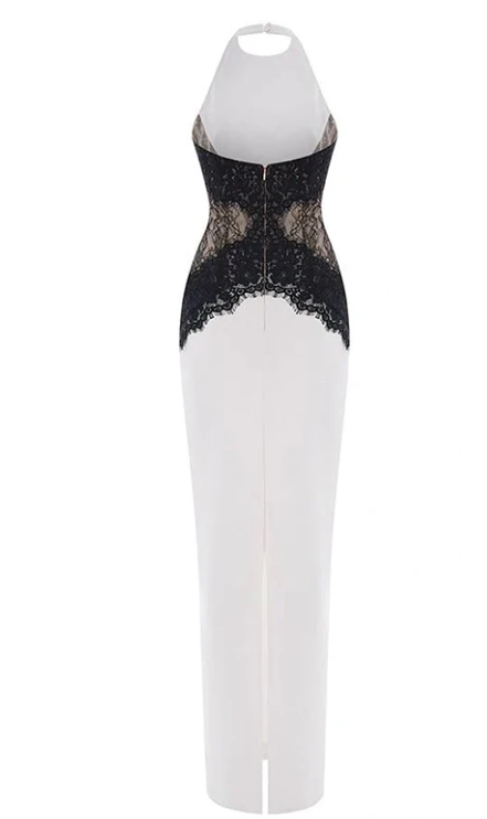 White Black Lace Long Satin prom dress Evening Dress Party Dress Wedding Guest Dress nv4798