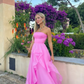 Pink Simple Elegant Off Shoulder Tulle A-Line Maxi Formal Prom Gown Evening Gown Party Dress nv2569