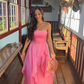 Pink Simple Elegant Off Shoulder Tulle A-Line Maxi Formal Prom Gown Evening Gown Party Dress nv2569