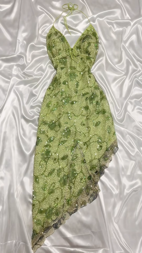 Green Shiny Sequin Beaded Floral Long Chiffon Prom Dress Evening Dress Party Dress nv5133