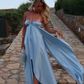 Fashion strap blue elegant off-shoulder long satin prom dress evening gown nv5215