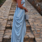 Fashion strap blue elegant off-shoulder long satin prom dress evening gown nv5215