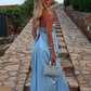 Fashion strap blue elegant off-shoulder long satin prom dress evening gown nv5215