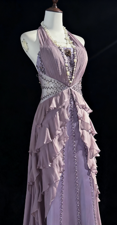 NiceVestidos--Lavender Star - Studded Bead - Embroidered Chiffon Ruffled Halter Floor - Length Ceremony Gown NV5812