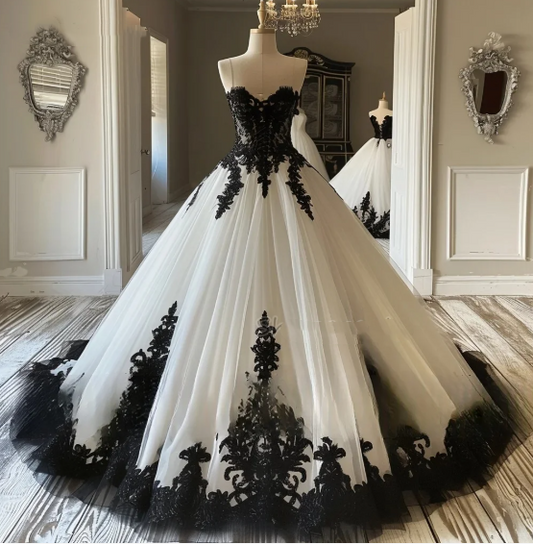 Baroque Style Black & White Lace Strapless Train Ballgown Wedding Dress - Barcelona Bridal Fashion Week Edition NV6337
