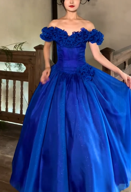Langes, glänzendes, blaues Retro-Ballkleid NV6440