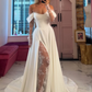 Cream Satin Off-the-Shoulder Lace Sleeve Slit Floor-Length Elegant Wedding Dress NV6232