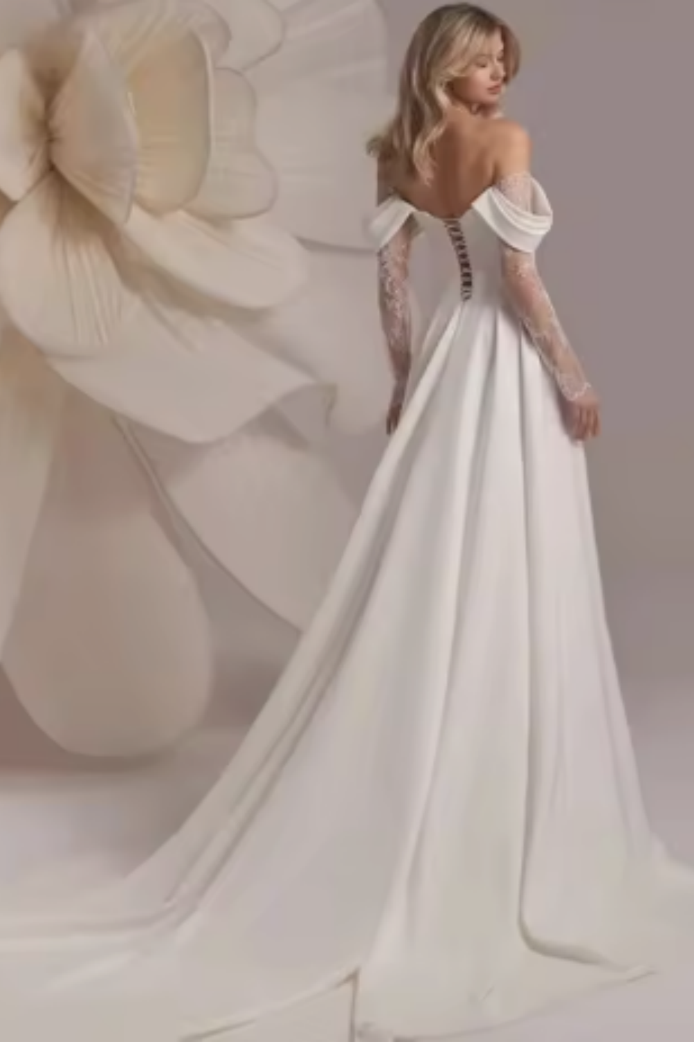 Cream Satin Off-the-Shoulder Lace Sleeve Slit Floor-Length Elegant Wedding Dress NV6232