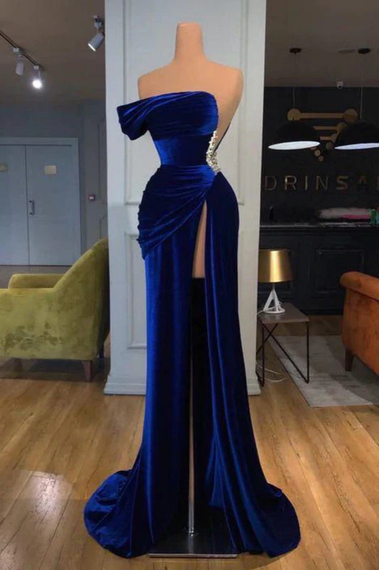 2024 Blue One-shoulder Long Prom Evening Dress with Split  nv1