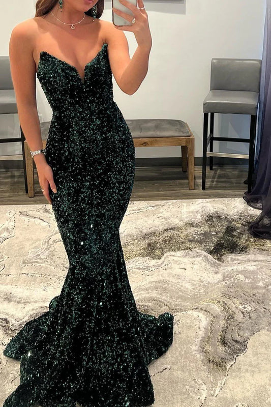 Dark Green V Neck Long Sequin Mermaid Prom Gown Evening Dress Party Dress nv2010