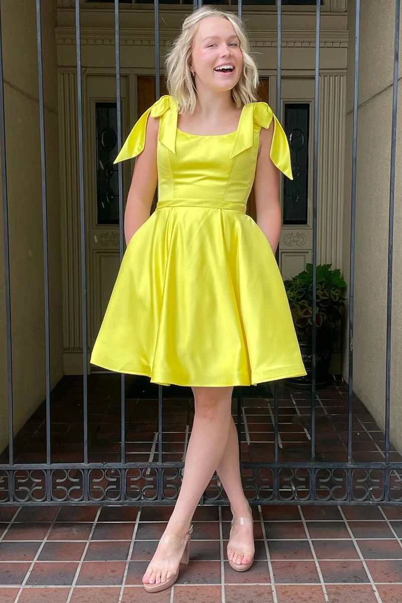 A-line Yellow Bowknot Suspender Homecoming Dress Party Dress nv2084