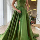 Green trailing strap sleeveless satin ruffled ball gown evening dress nv1919