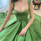 Green trailing strap sleeveless satin ruffled ball gown evening dress nv1919