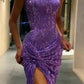 Purple Spaghetti Strap Mermaid Sequin High Slit Long Prom Dress Evening Dress Party Dress nv1998